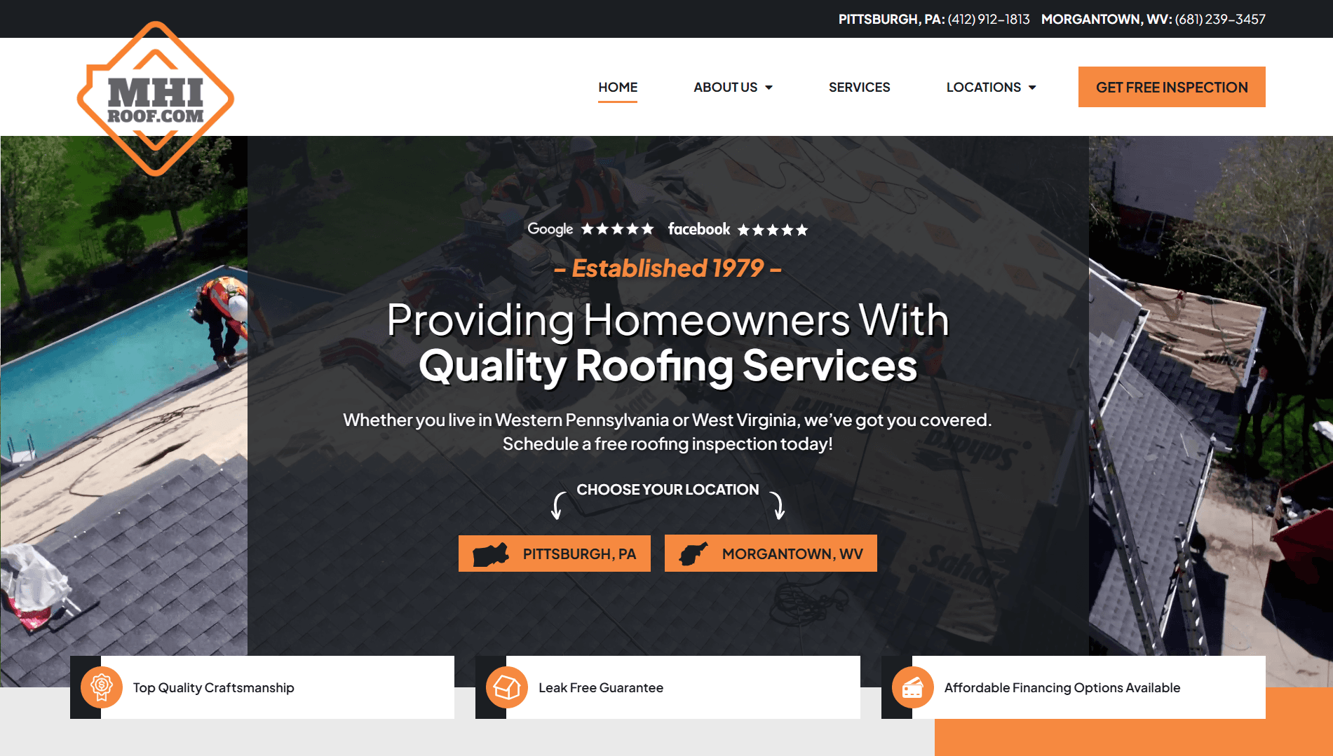 Modern professional HVAC website with clear headline, prominent call button, and trust signals